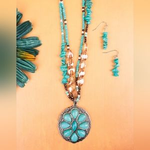 TURQUOISE QUINN BEADED NECKLACE AND EARRING SET
